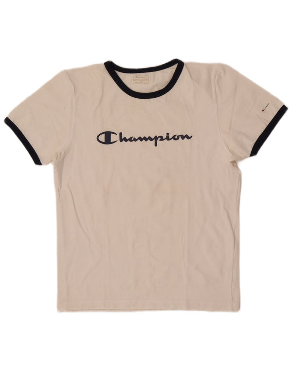 Champion Damen-T-Shirt mit Grafik, UK 12, Mittelweiß, Colourblock-Baumwolle