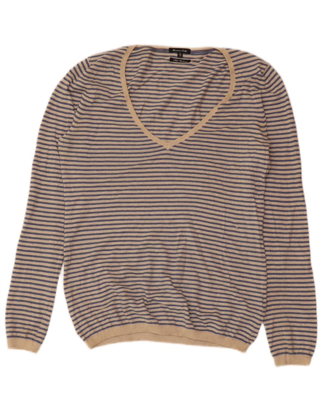 MASSIMO DUTTI Damen-Pullover mit V-Ausschnitt, UK 18, XL, blau gestreift, Kaschmir