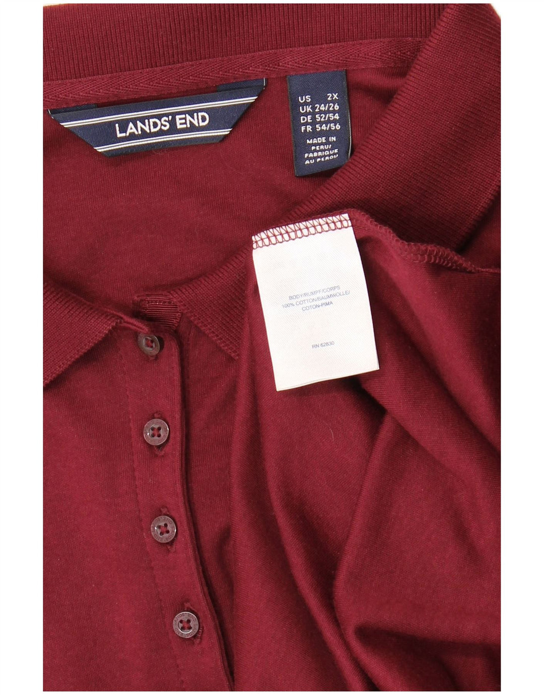 LANDS END Damen Langarm-Poloshirt UK 24/26 2XL Burgunderrot Baumwolle