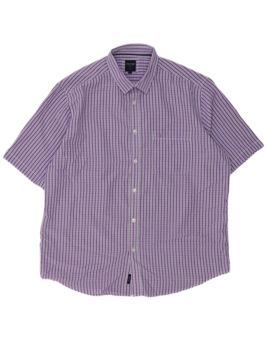 JAMES PRINGLE Herren-Kurzarmhemd, großes violettes Gingham-Polyester