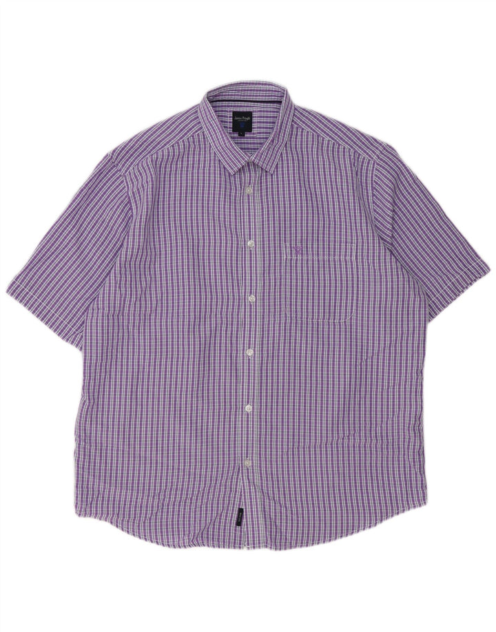JAMES PRINGLE Herren-Kurzarmhemd, großes violettes Gingham-Polyester
