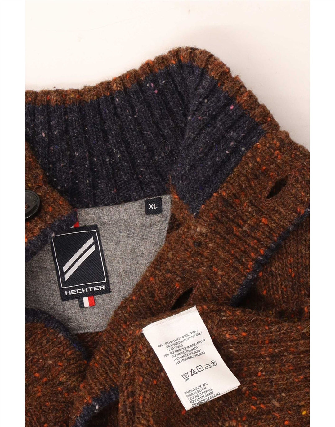 Vintage Herren-Pullover mit Knopfkragen, XL, braun gefleckte Wolle
