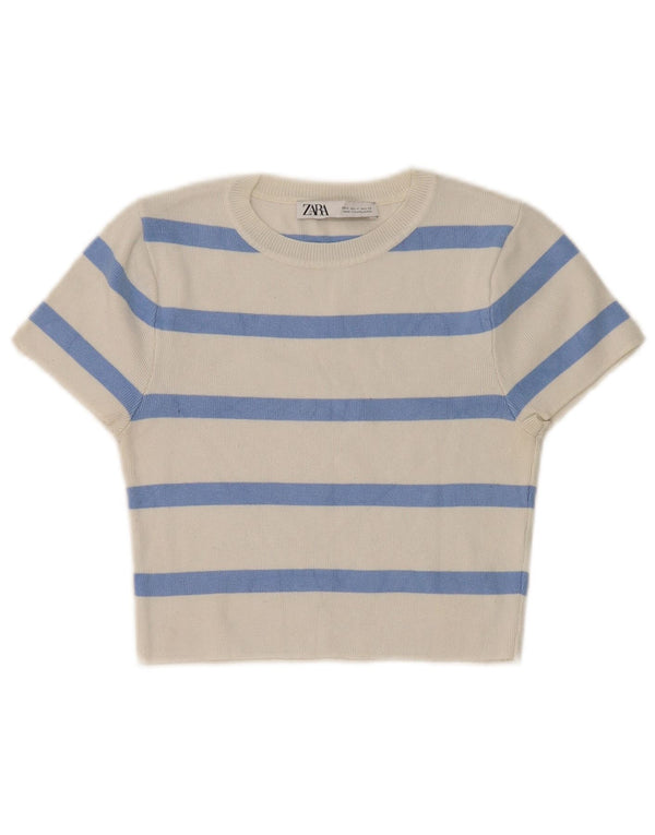 Zara Damen Crop Crew Neck Pullover Pullover UK 12 Mittelweiß gestreift