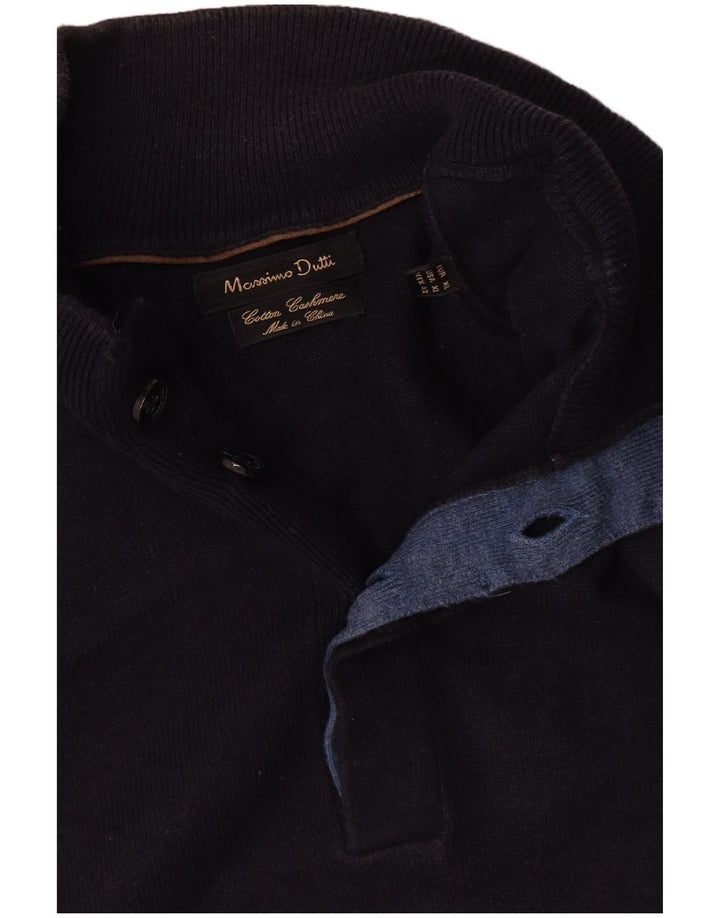 Massimo Dutti Herren-Pullover mit Knopfkragen, XL, marineblaue Baumwolle