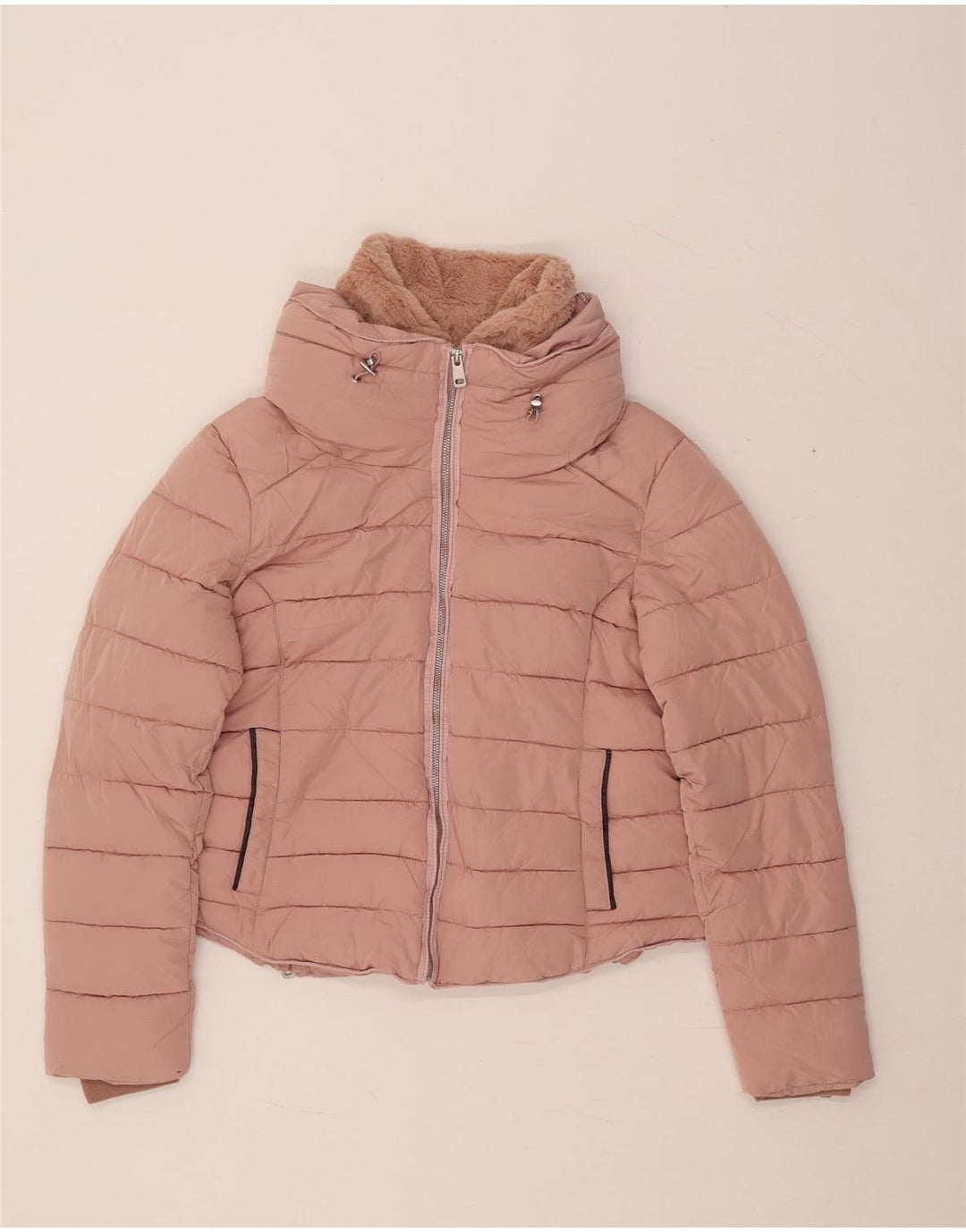 ZARA Damen Crop Hooded Wattierte Jacke UK 18 XL Rosa Polyester