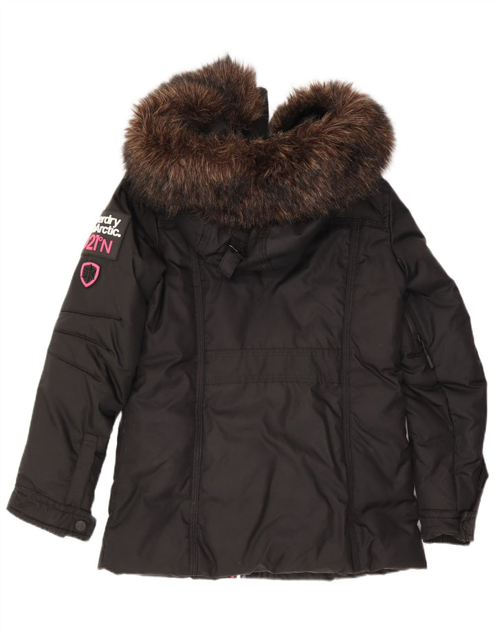 Superdry Womens Hooded Graphic Wattierte Jacke UK 10 Small Schwarzes Nylon