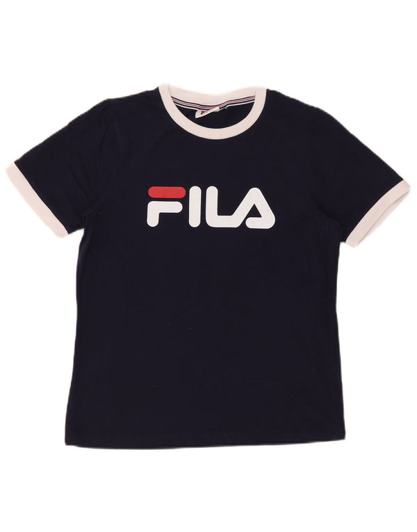 Fila Damen Grafik T-Shirt Top UK 14 Medium Marineblau Baumwolle