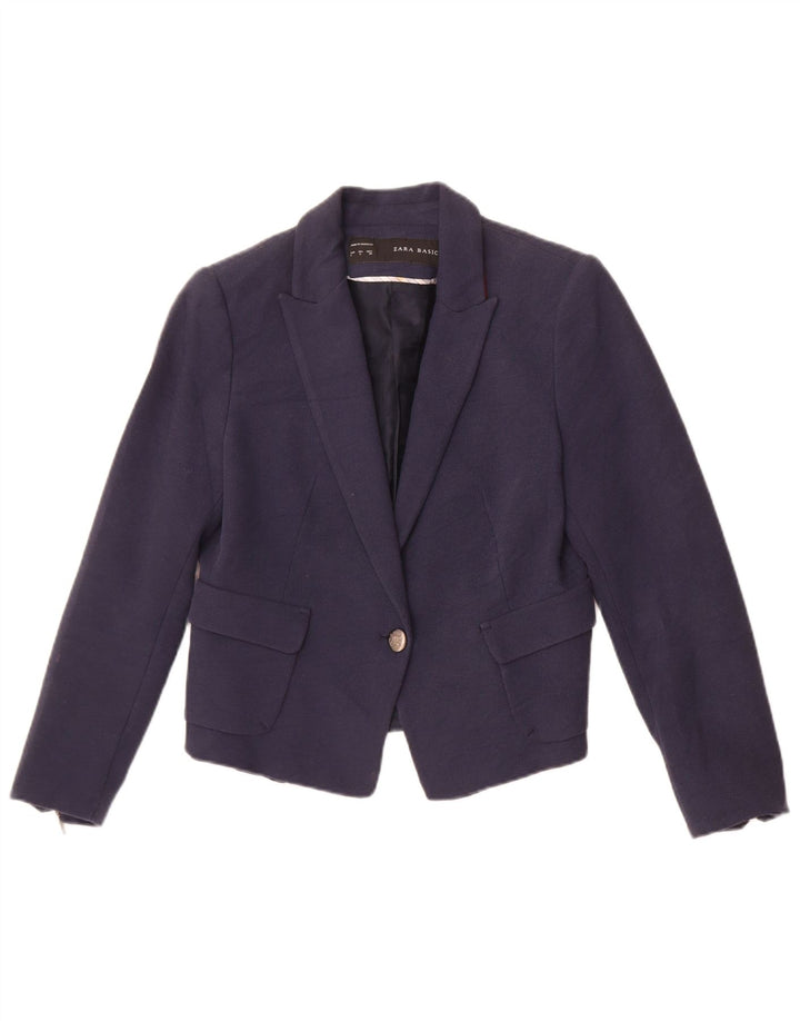 Zara Damen Crop 1-Knopf-Blazerjacke UK 14 Große marineblaue Baumwolle