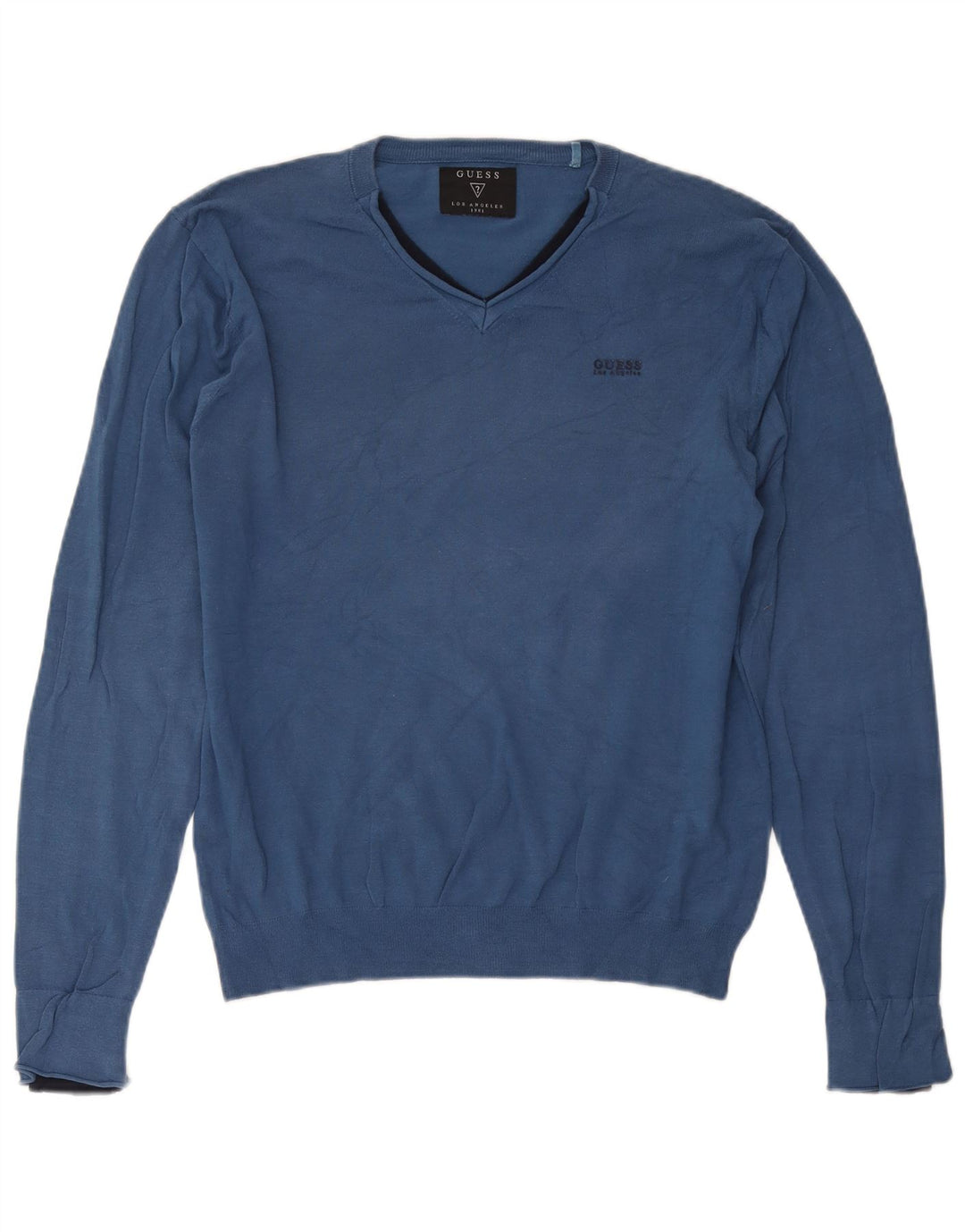 Guess Herren-Pullover mit V-Ausschnitt, groß, aus blauer Baumwolle