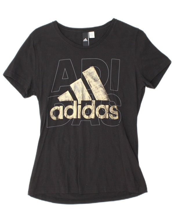 ADIDAS Damen Grafik T-Shirt Top UK 12 Medium Schwarz