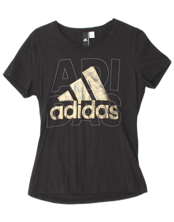 ADIDAS Damen Grafik T-Shirt Top UK 12 Medium Schwarz