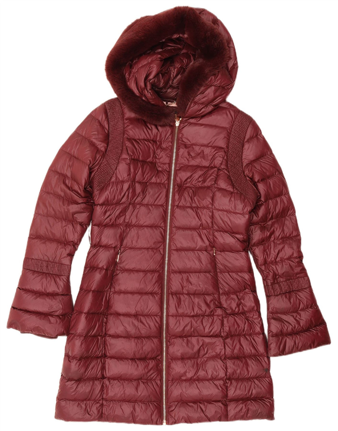 Ted Baker Wattierter Damenmantel mit Kapuze, Größe 2, Klein, Burgunderrot, Polyamid