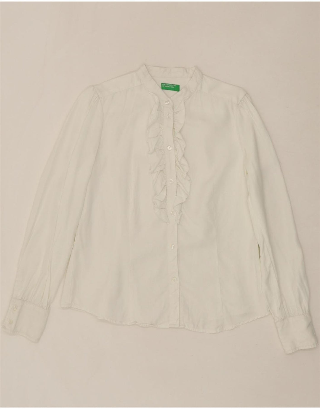 BENETTON Womens Ruffle Front Shirt UK 16 Large White Lyocell Vintage Benetton and Second-Hand Benetton from Messina Hembry 
