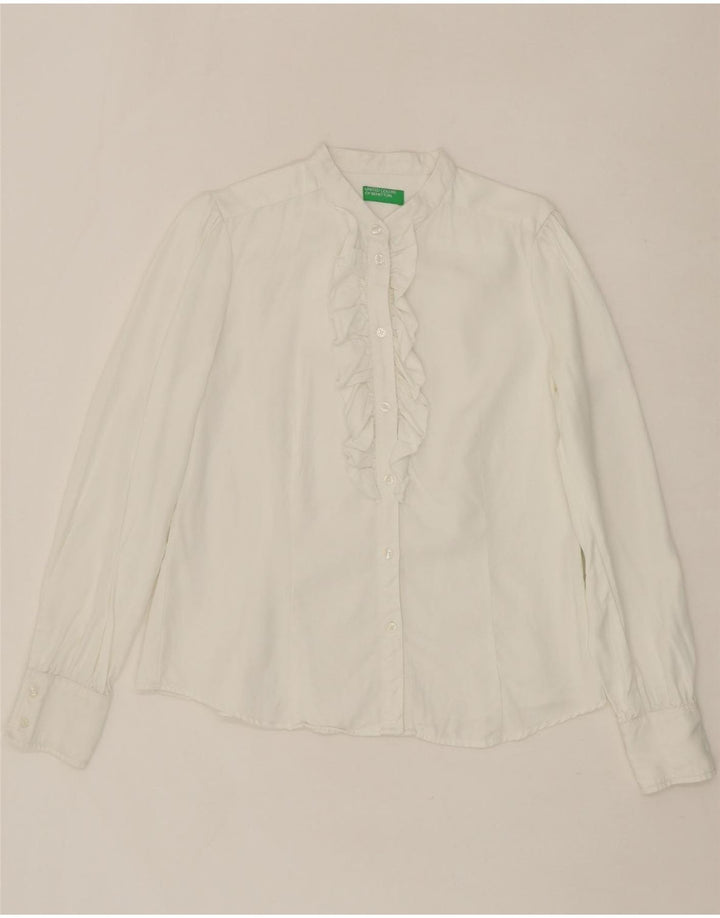 BENETTON Womens Ruffle Front Shirt UK 16 Large White Lyocell Vintage Benetton and Second-Hand Benetton from Messina Hembry 