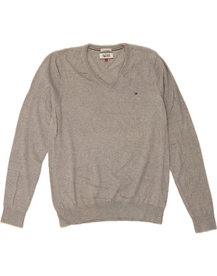 TOMMY HILFIGER Mens V-Neck Jumper Sweater Large Grey Cotton Vintage Tommy Hilfiger and Second-Hand Tommy Hilfiger from Messina Hembry 