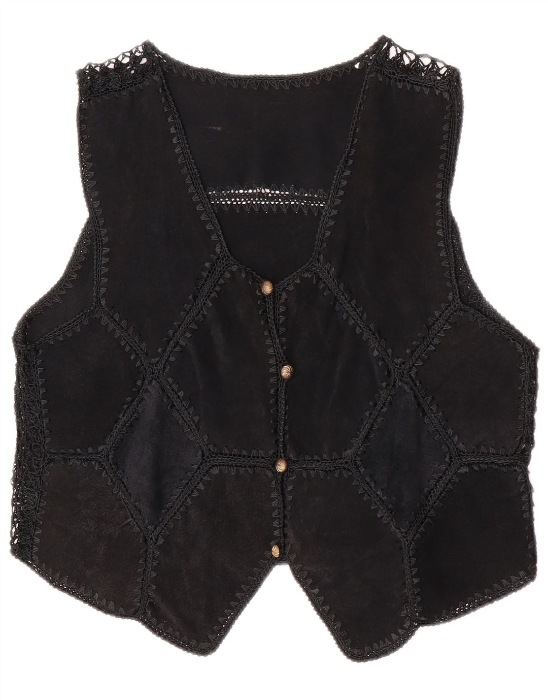 Vintage Damen Crop Wildleder Weste UK 14 Medium Schwarz Patchwork