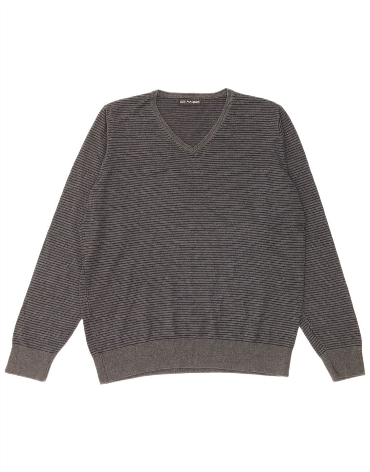 Marks & SPENCER Herren Autograph Pullover mit V-Ausschnitt, mittelgrau, Nadelstreifen
