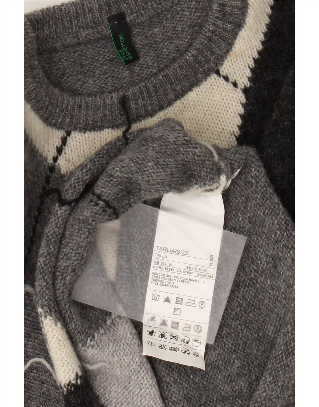 Benetton Damen-Pullover mit Rundhalsausschnitt, Gr. 10, Größe S, Grau Argyle/Diamant