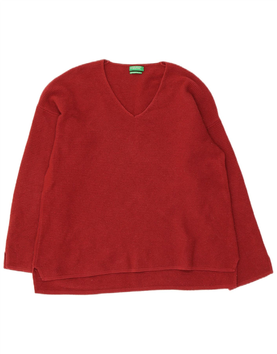 Benetton Damen-Pullover mit V-Ausschnitt, UK 10, Größe S, rote Schurwolle