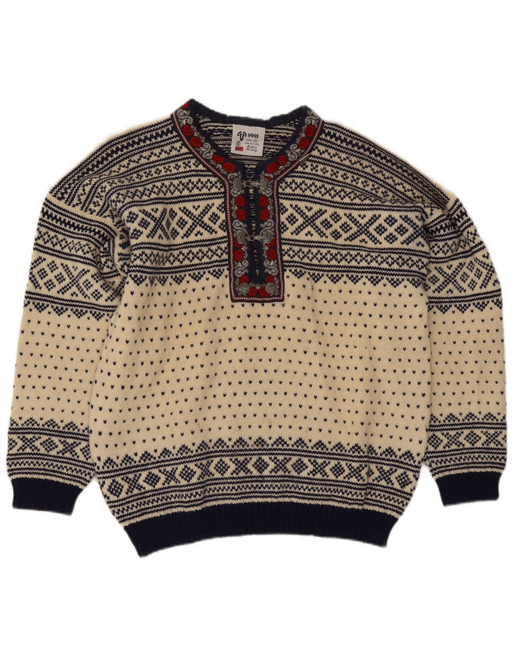 Voss Herren-Unisex-Pullover mit V-Ausschnitt, Medium, cremefarbene Fair-Isle-Wolle