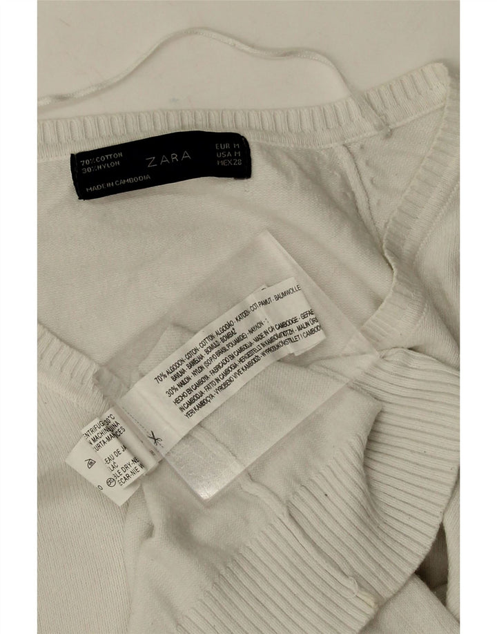 Zara Damen-Pullover mit V-Ausschnitt, UK 12, mittelweiße Baumwolle