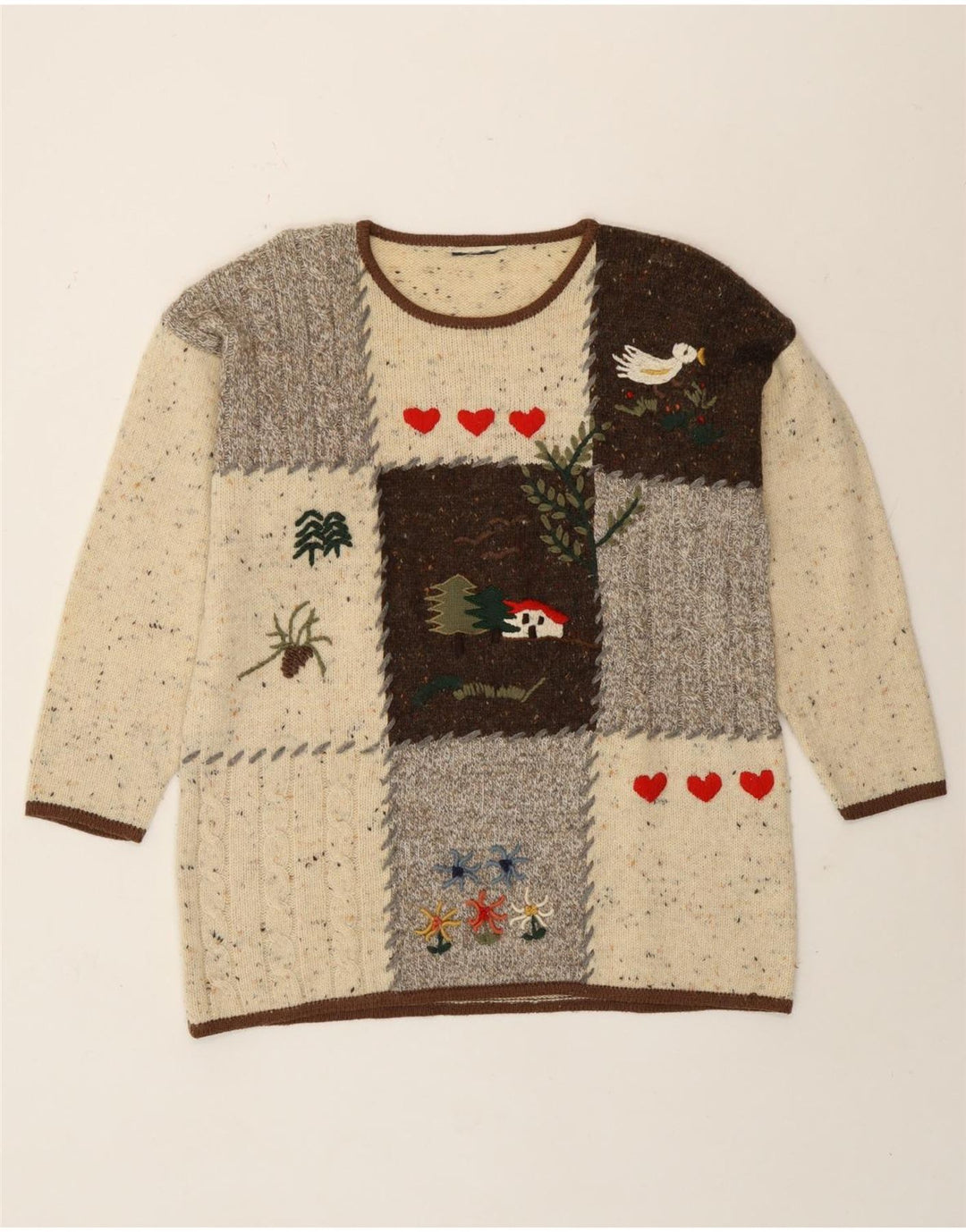 Vintage Damen Pullover mit Rundhalsausschnitt, UK 16, große beige Patchwork-Neuheit