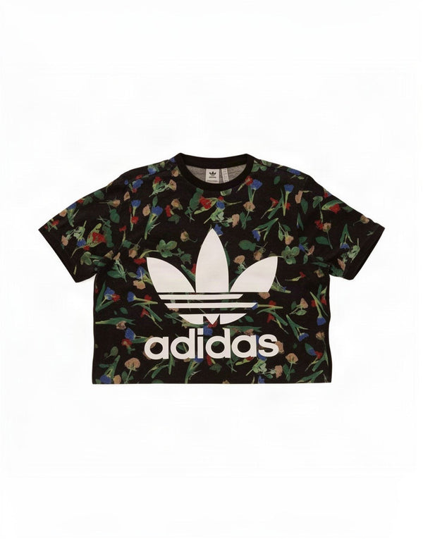 Adidas Damen Crop Oversized Graphic T-Shirt Top UK 12 Mittelschwarz geblümt