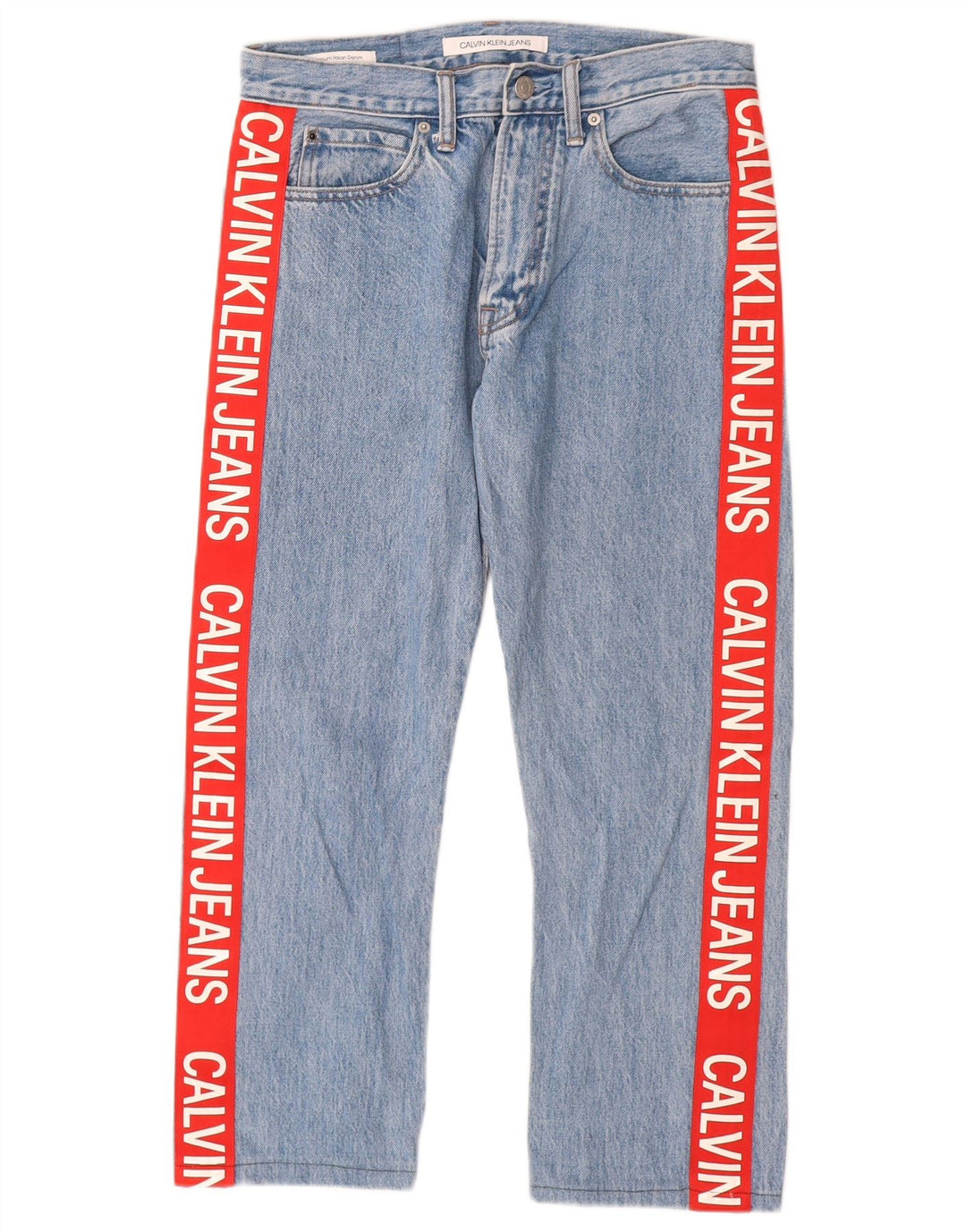 CALVIN KLEIN Damen Graphic Straight Jeans W29 L25 Blaue Colourblock-Baumwolle