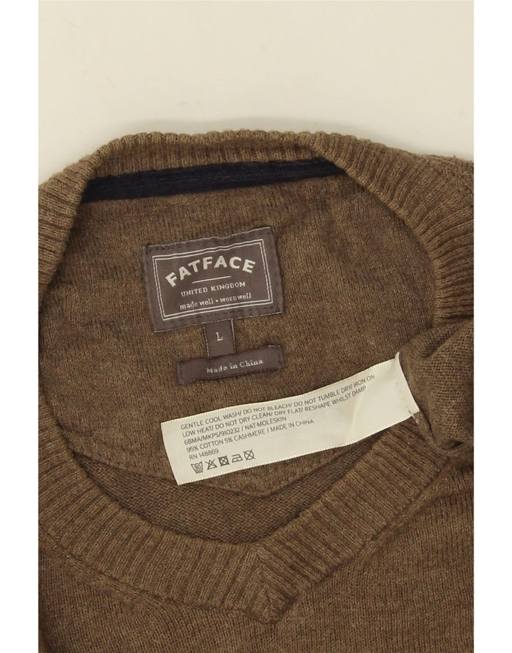 Fat Face Herren-Pullover mit V-Ausschnitt, groß, braune Baumwolle