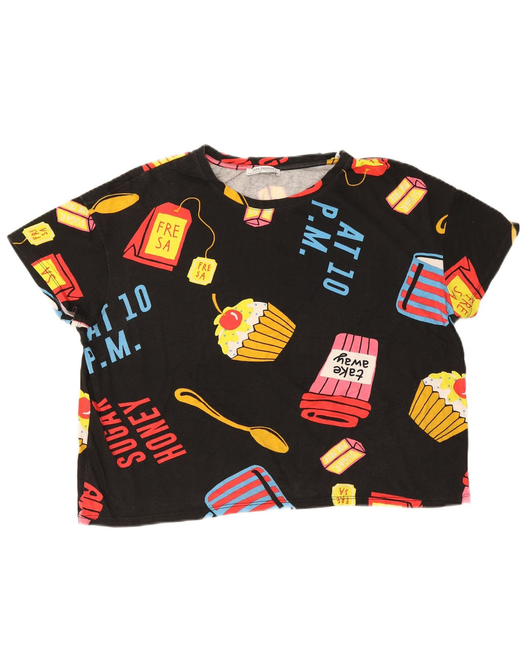 Zara Damen Crop Oversize Graphic T-Shirt Top UK 14 Medium Schwarz