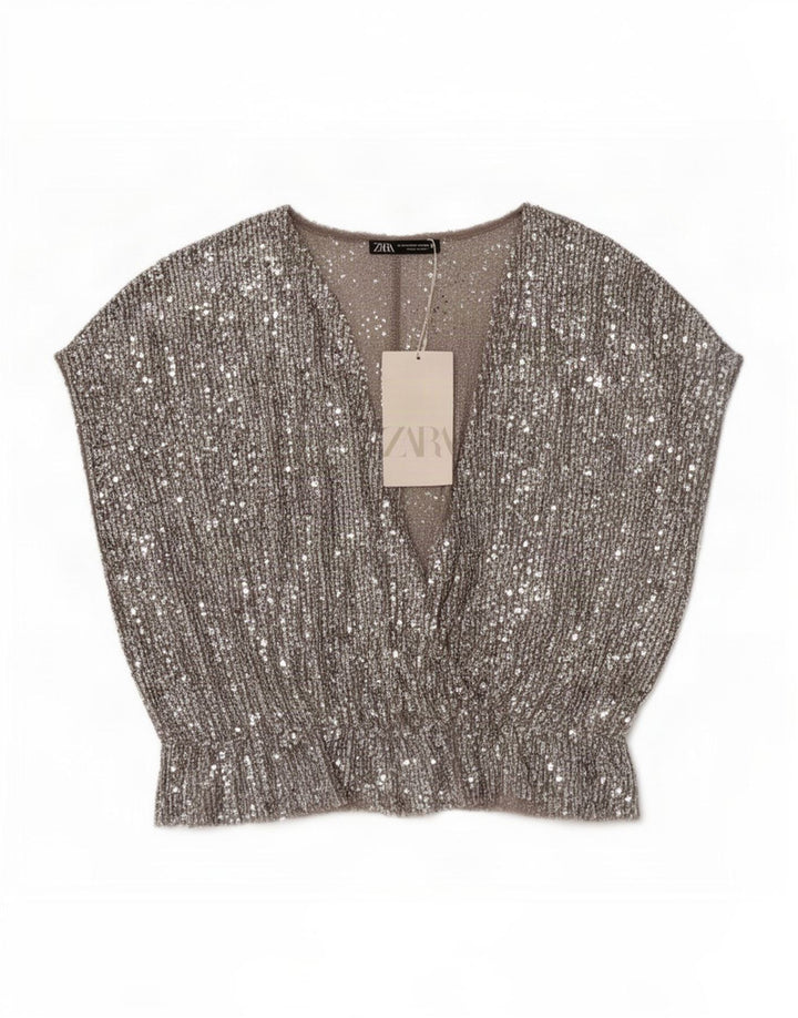 Zara Damen Blusenoberteil UK 12 Mittelsilber Polyester