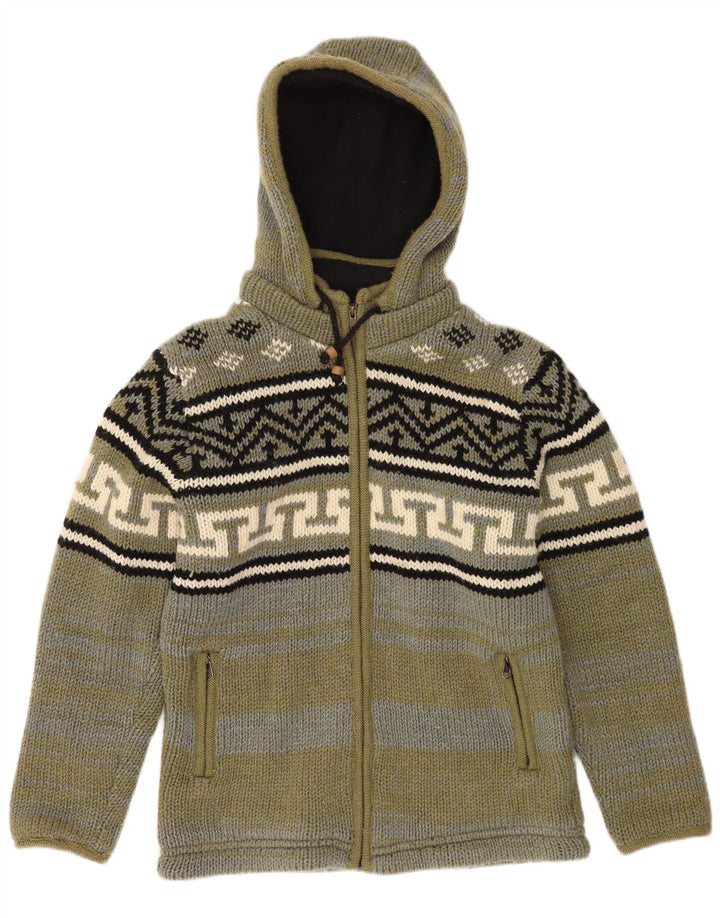 VINTAGE Herren-Strickjacke mit Kapuze, mittlere Khaki-Fair-Isle-Wolle
