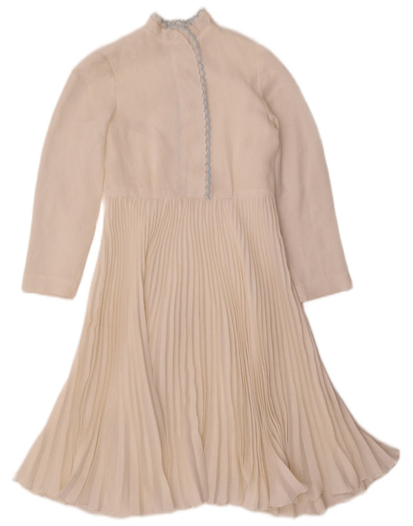 Vintage Damen 3/4-Ärmel-A-Linien-Kleid UK 4 XS Beige kariertes Polyester