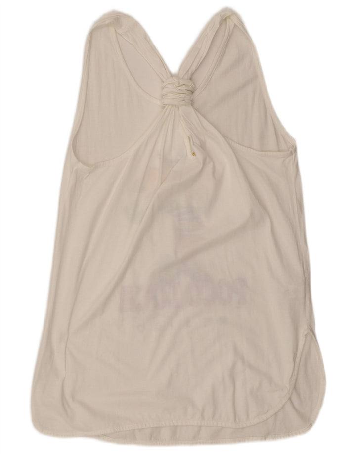 Vintage Damen Grafik Weste Top UK 16 Große weiße Baumwolle