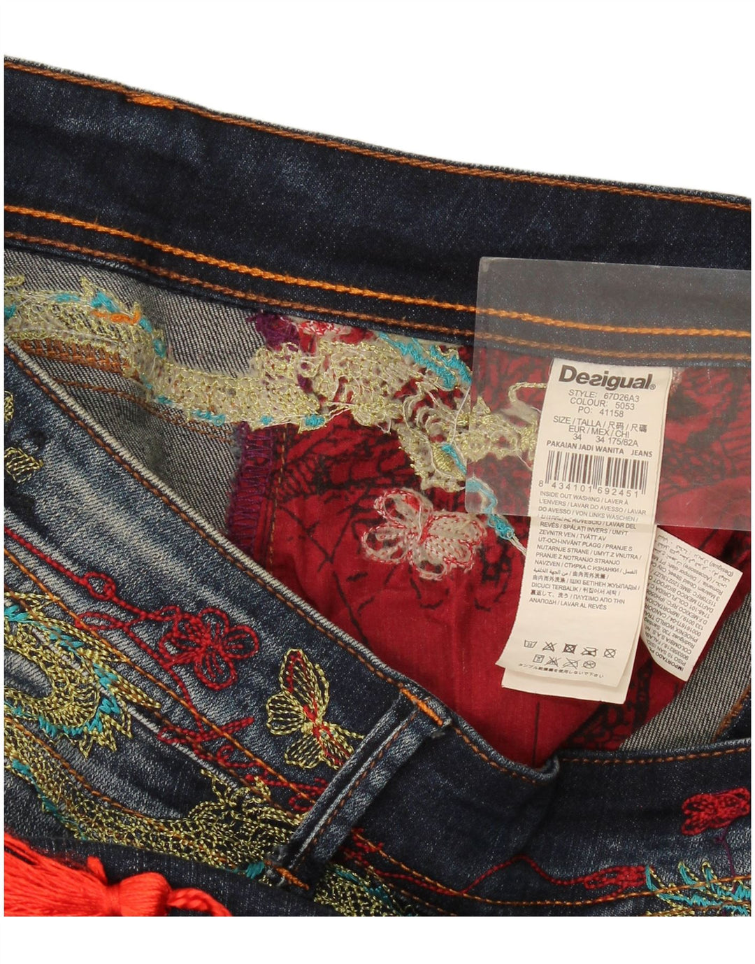 Desigual Damen Graphic Slim Jeans W34 L29 Marineblau Polyester