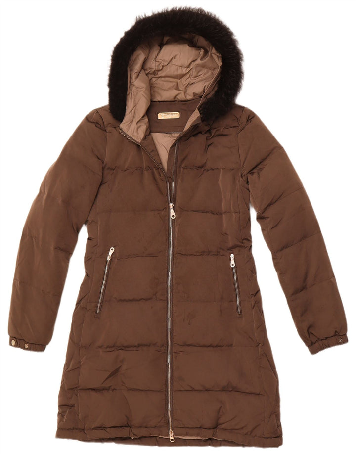 MASSIMO DUTTI Wattierter Damenmantel mit Kapuze, UK 10, Klein, Braun, Polyester