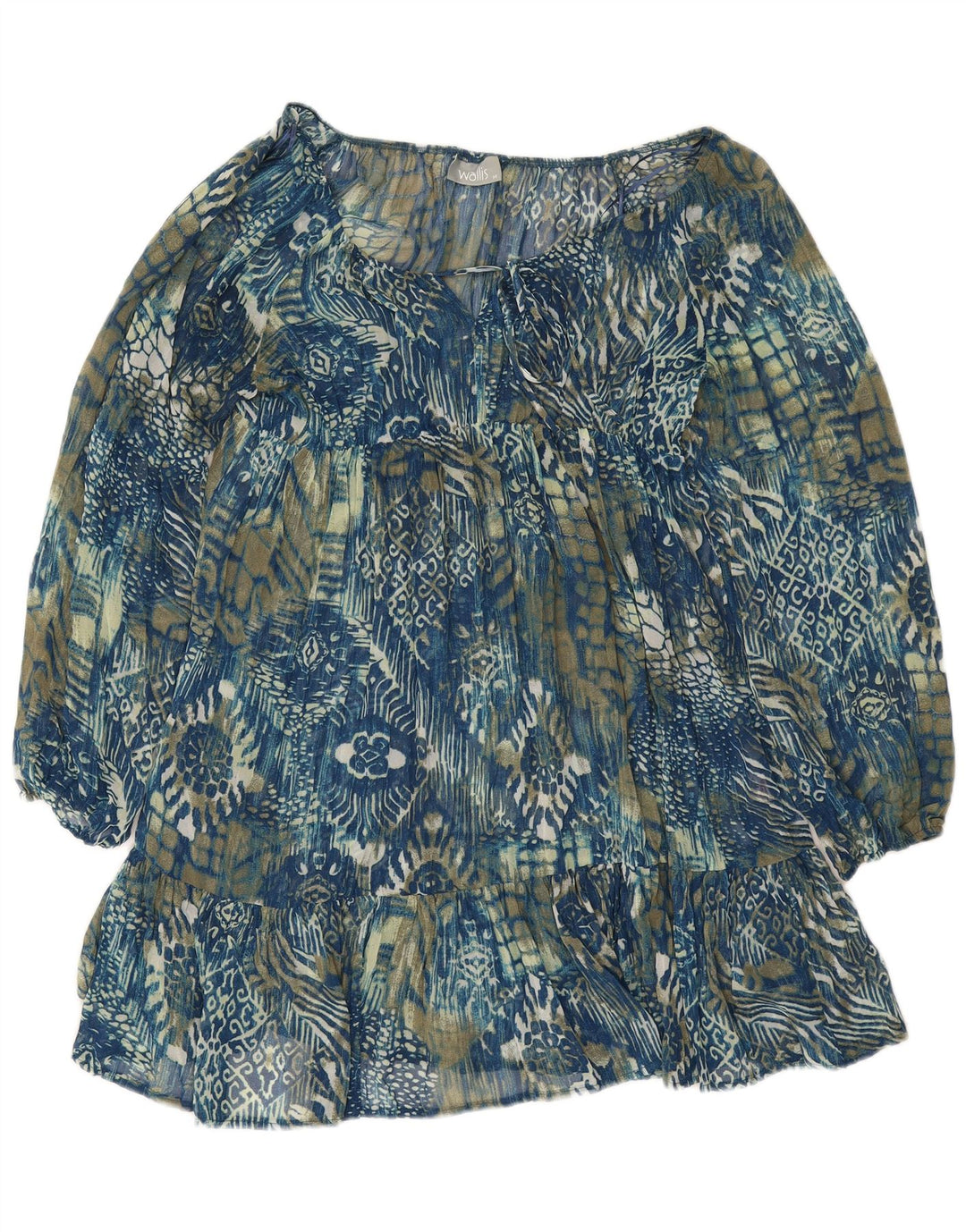 Wallis Langarm-Stufenkleid für Damen UK 12 Mittelblaues Paisley-Polyester