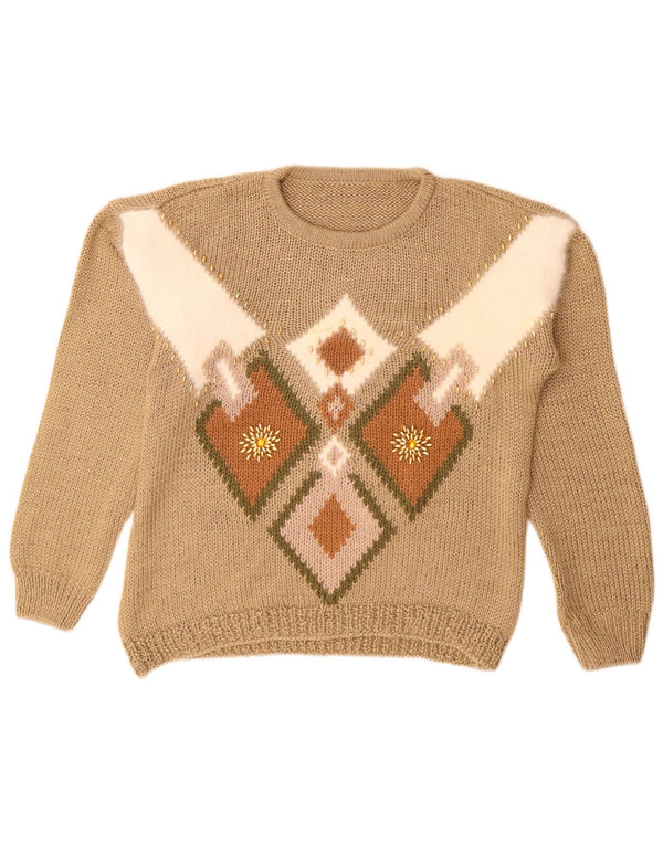 Vintage Damen Rundhalspullover Pullover UK 14 Medium Beige Geometrisch