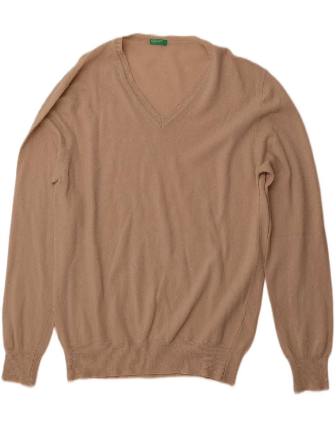 BENETTON Herren-Pullover mit V-Ausschnitt, XL, beige Wolle