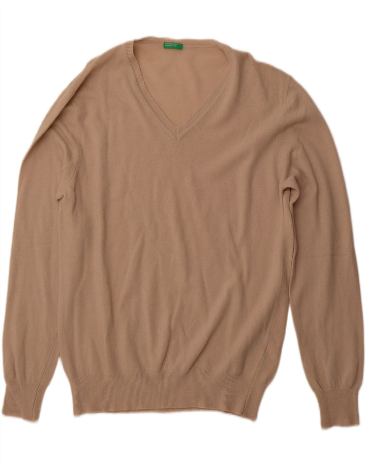 BENETTON Herren-Pullover mit V-Ausschnitt, XL, beige Wolle