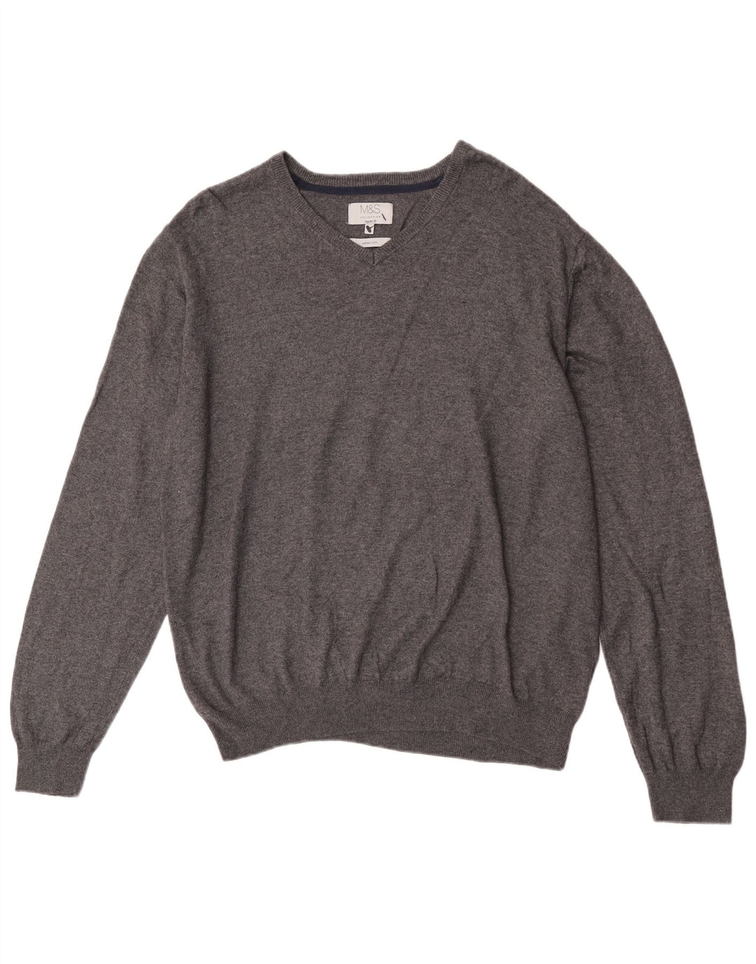 Marks & Spencer Herren-Pullover, reguläre Passform, V-Ausschnitt, XL, graue Baumwolle
