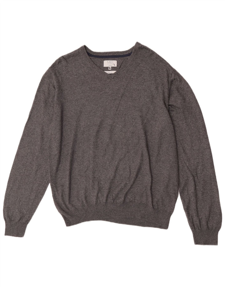 Marks & Spencer Herren-Pullover, reguläre Passform, V-Ausschnitt, XL, graue Baumwolle