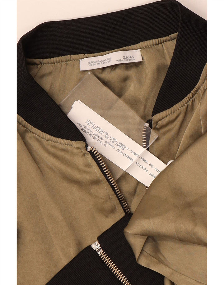 ZARA Damen Crop Bomberjacke UK 10 Small Beige Colourblock Polyester
