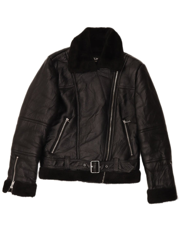 VINTAGE Damen Sherpa Kunstleder Bikerjacke UK 10 Small Schwarz