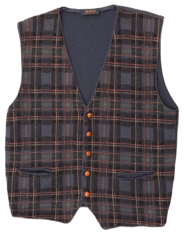 Vintage Mens Sleeveless Cardigan Sweater IT 50 Medium Navy Blue Check Wool