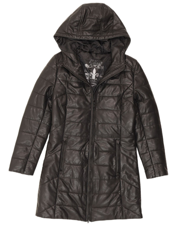 Maddox Damen-Ledermantel mit Kapuze, gepolstert, UK 12, Mittelschwarzes Leder