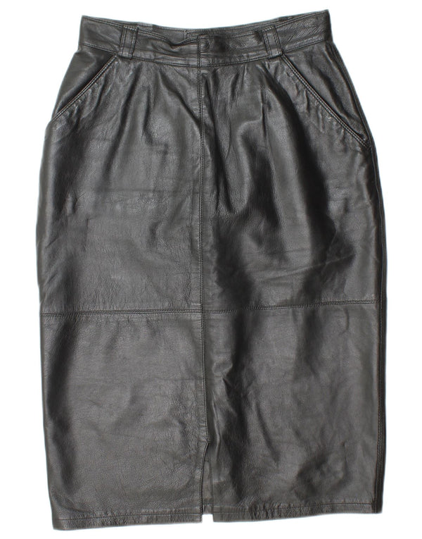 VINTAGE Damen Lederrock mit hoher Taille IT 44 Medium W26 Schwarzes Leder