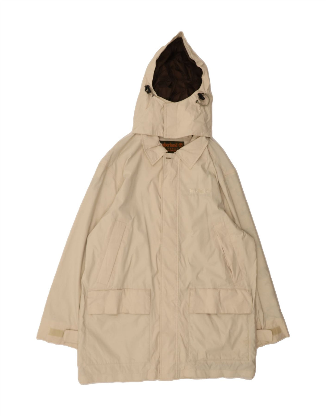 TIMBERLAND Mens Hooded Windbreaker Coat UK 38 Medium Off White Nylon Vintage Timberland and Second-Hand Timberland from Messina Hembry 