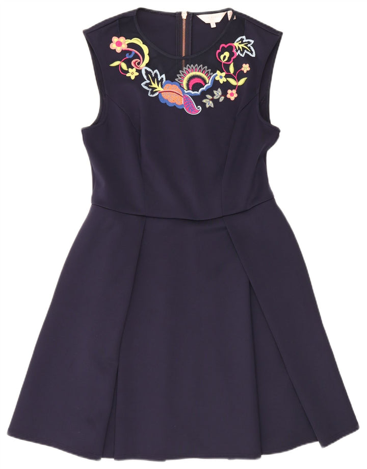 Ärmelloses Swing-Kleid für Damen von Ted Baker, Größe 4, groß, Marineblau mit Blumenmuster