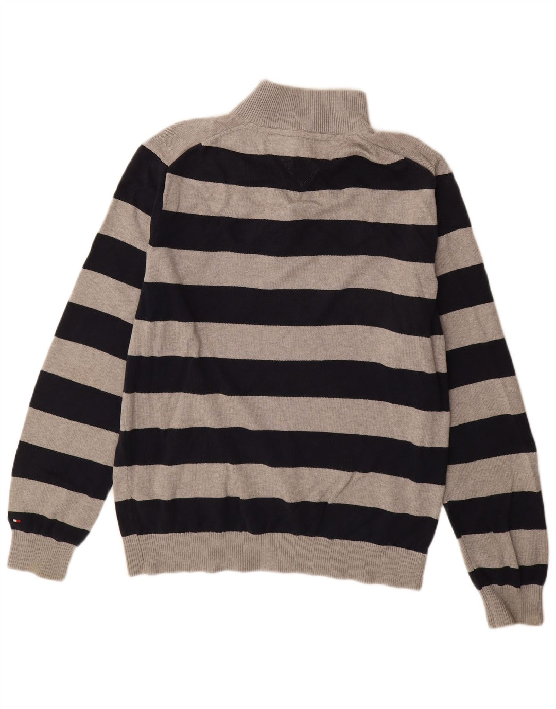TOMMY HILFIGER Mens Zip Neck Jumper Sweater XL Black Striped Cotton